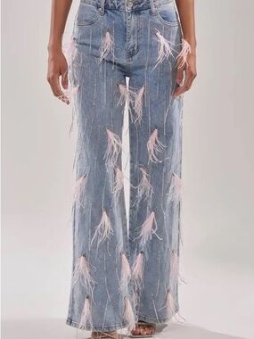 Akira Shake It For Me Girl Feather Embellished Denim size small